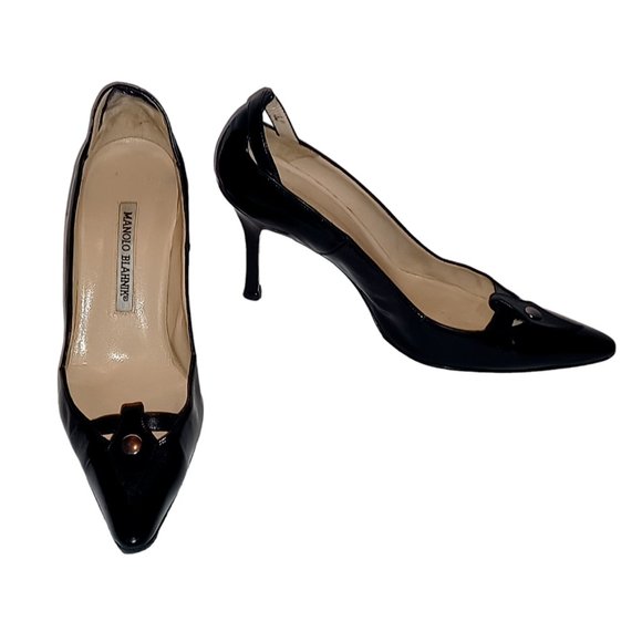 Manolo Blahnik Lazardo Black Patent Leather Closed Toe High Heel Shoes Size 37